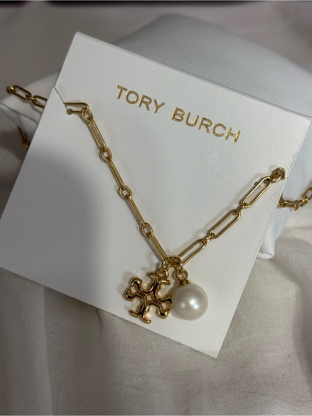 Tory Burch Gold Link Necklace with Pearl and Logo Pendant